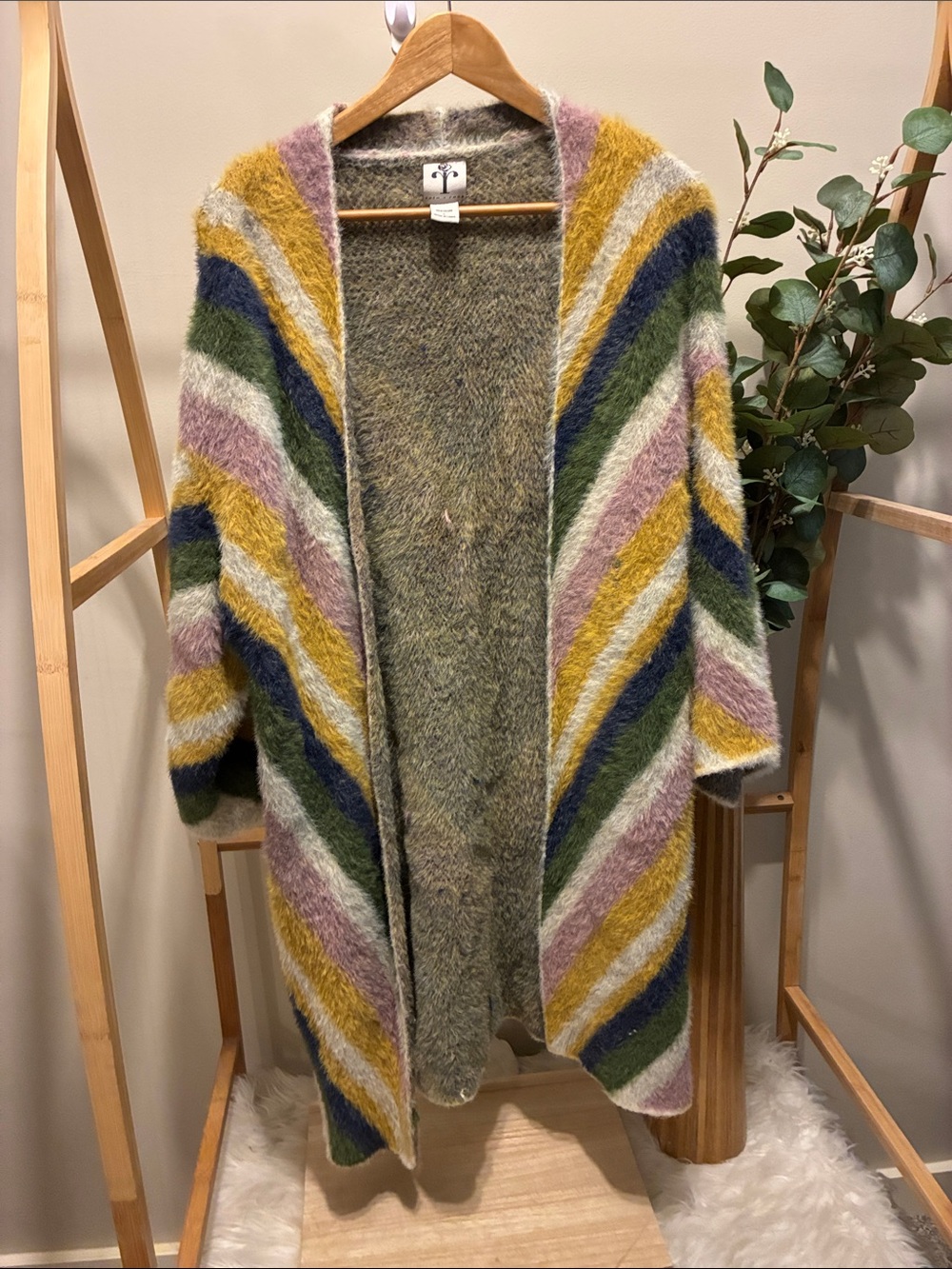 Rain + Rose Fuzzy Striped Open-Front Cardigan — Mustard, Olive, Navy & Blush